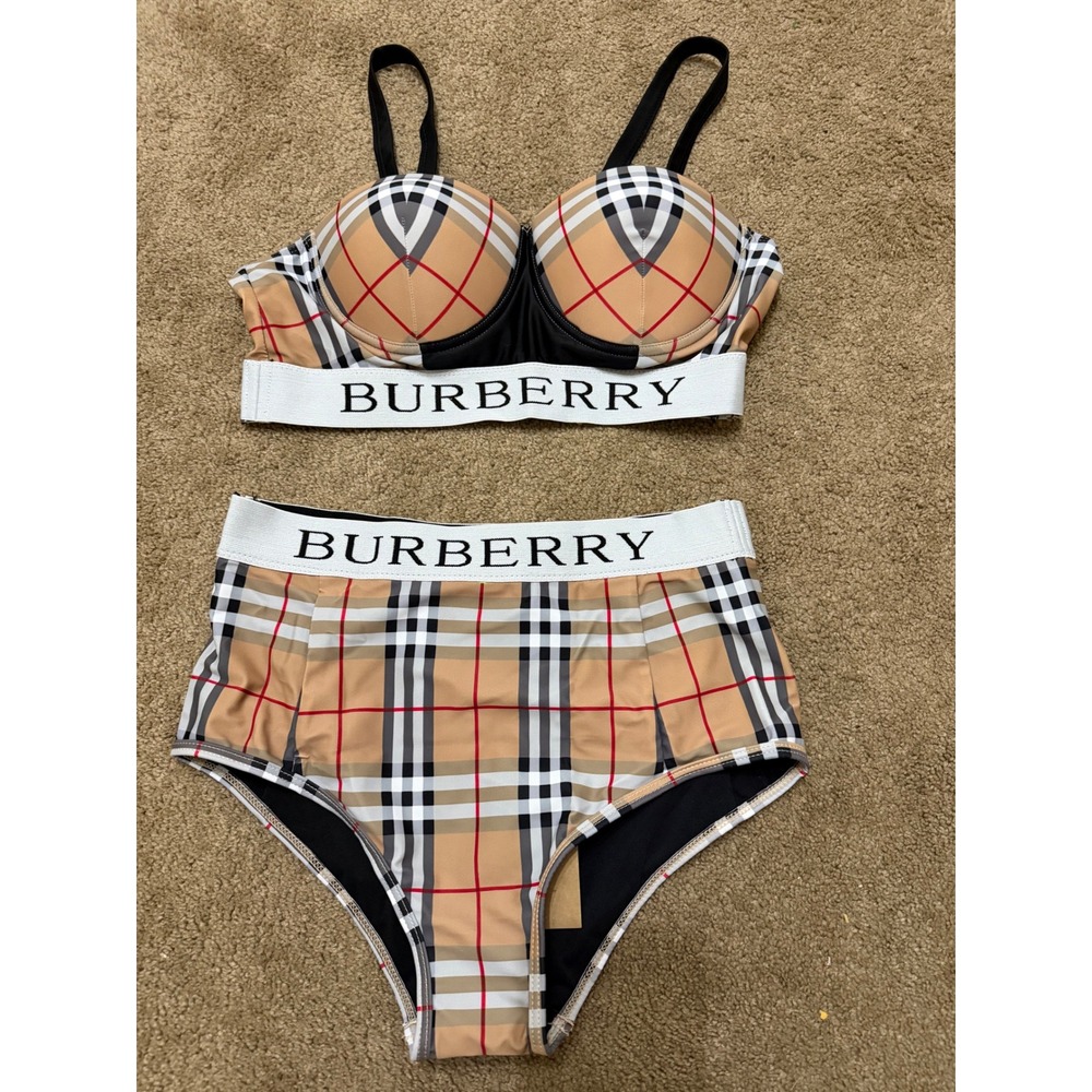 Burberry Bikini Set Women XL Tan NEW Vintage Check High Waist Logo Two Piece